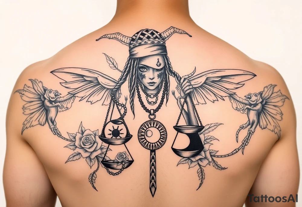 Sylph with dreads wearing blind fold and ankh pendant with tattoos holding weighing scales with the sun and moon rose vines surrounding and Anubis guarding tattoo idea