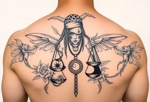 Sylph with dreads wearing blind fold and ankh pendant with tattoos holding weighing scales with the sun and moon rose vines surrounding and Anubis guarding tattoo idea