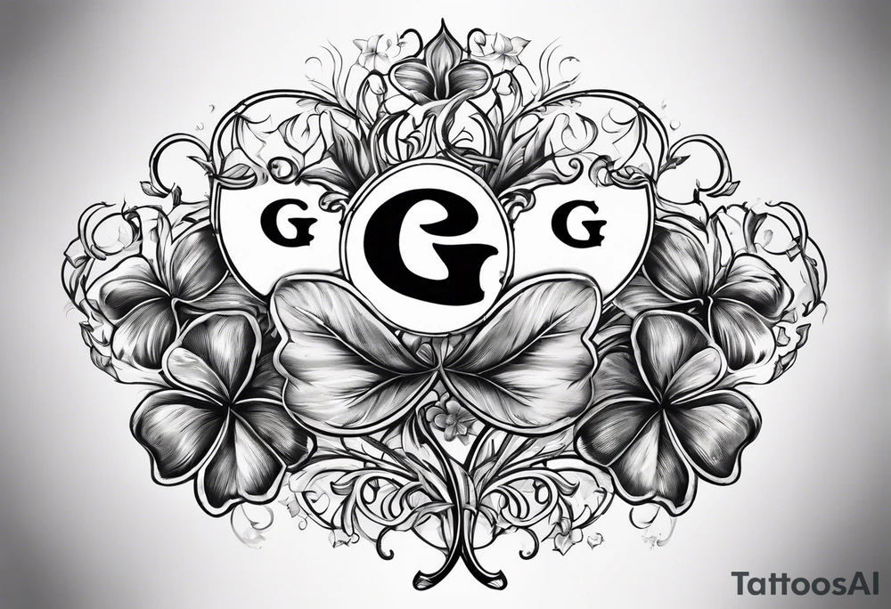 a single three leaf clover with vine, and the initial G in one leaf, T in another leaf, and a combined JK in the middle leaf tattoo idea
