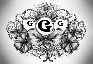 a single three leaf clover with vine, and the initial G in one leaf, T in another leaf, and a combined JK in the middle leaf tattoo idea