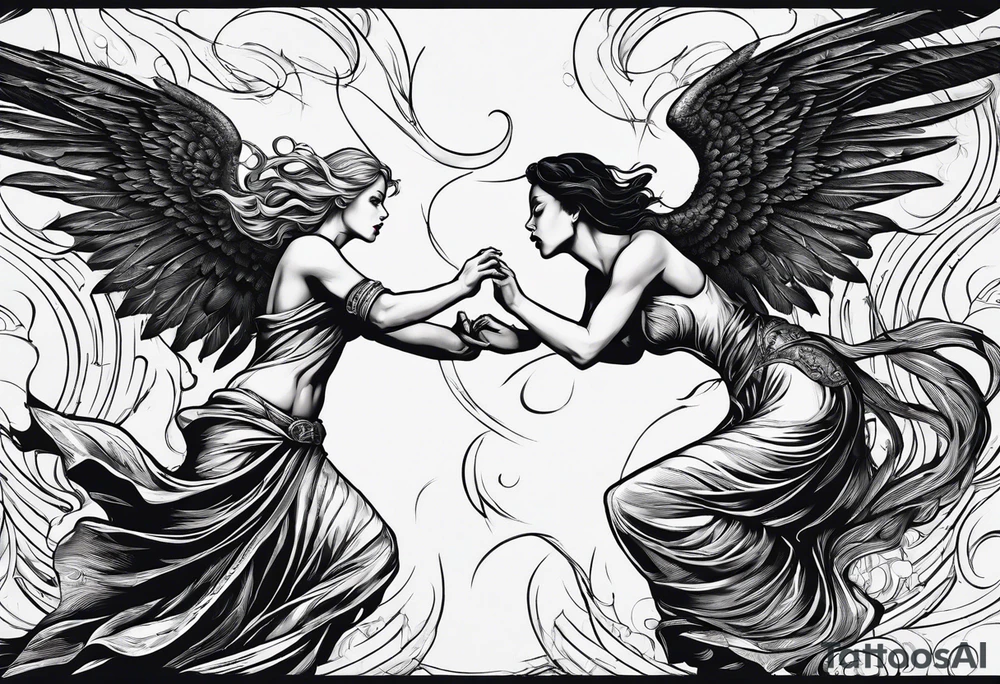 angel woman and devil woman fighting, arguing on the sky , big wingsand full body  , angel at the right , tattoo idea