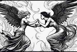 angel woman and devil woman fighting, arguing on the sky , big wingsand full body  , angel at the right , tattoo idea