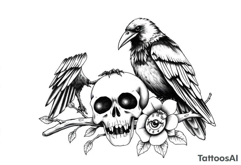 raven looking over its shoulder on a branch skull and clock and flower tattoo idea