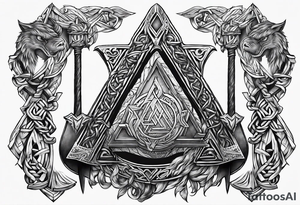 Valhalla sword round shield axe Valknut steps fire chains tattoo idea Valhalla sword round shield axe Valknut steps fire chains tattoo idea