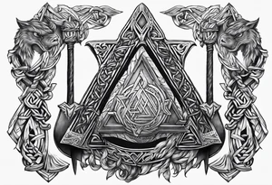 Valhalla sword round shield axe Valknut steps fire chains tattoo idea