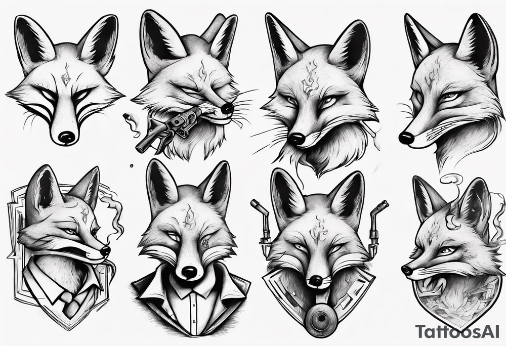 a fox holding a gun and smoking a coggarte tattoo idea