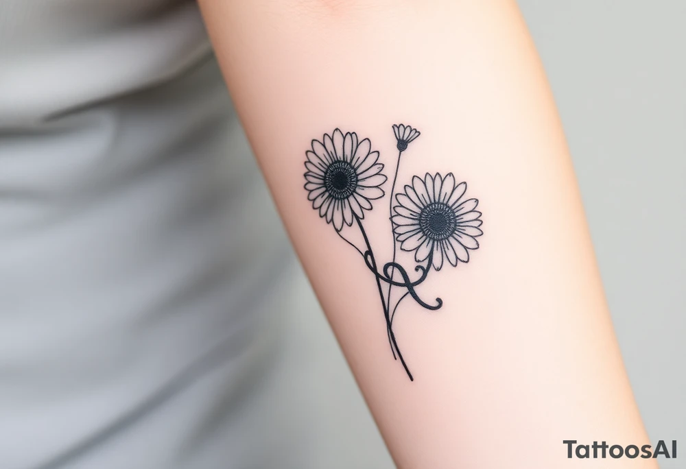 Fine line flower tattoo with 3 gerbera daisies other flowers and infinity symbol worked in as part of the design tattoo idea