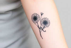 Fine line flower tattoo with 3 gerbera daisies other flowers and infinity symbol worked in as part of the design tattoo idea