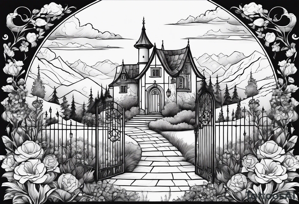 night medieval houses mountains garden gate entrance
in circle vignette surrounded by clouds floral tattoo idea