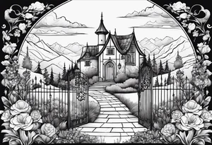 night medieval  houses mountains garden gate entrance 
 in circle vignette surrounded by clouds floral tattoo idea