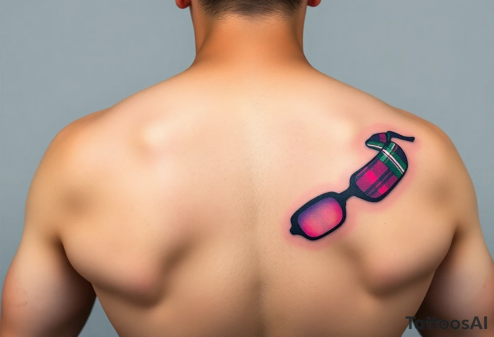 Side of arm Dark Purple with green pink blue and white highlights tartan fabric with flesh peeling away at edges tattoo idea