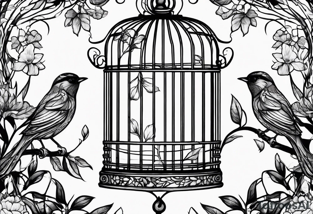 bird cage decorated with sketchy foliage on top on the left tattoo idea