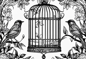 bird cage decorated with sketchy foliage on top on the left tattoo idea