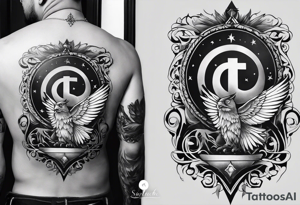 A basic tattoo that is placed on the upper back of a male. It should represent catholic religion, discipline, pain and the love to animals. tattoo idea