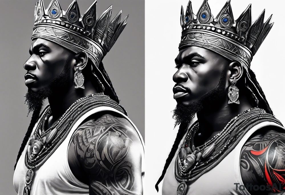 An african god, a warrior, that uses a sword and a silver crown. He also uses blue and red necklaces tattoo idea