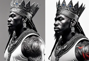 An african god, a warrior, that uses a sword and a silver crown. He also uses blue and red necklaces tattoo idea