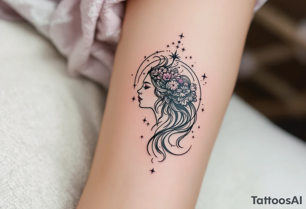 Fine black linework of the Virgo star constellation curves behind a stylized goddess in plum and wine hues tattoo idea