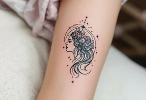 Fine black linework of the Virgo star constellation curves behind a stylized goddess in plum and wine hues tattoo idea