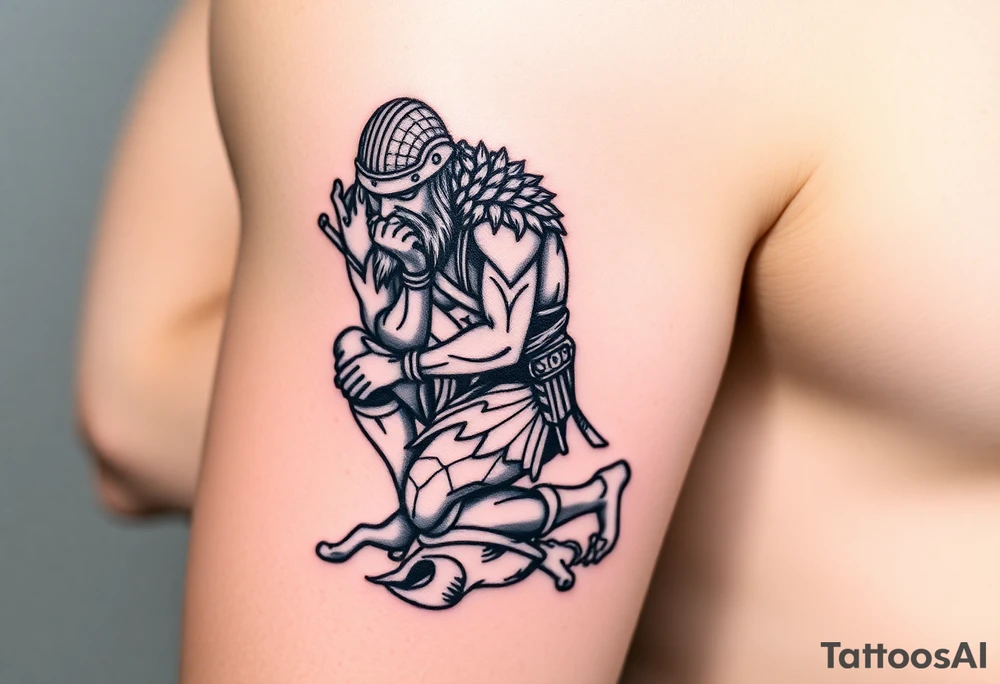 Weary warrior kneeling taking a break tattoo idea