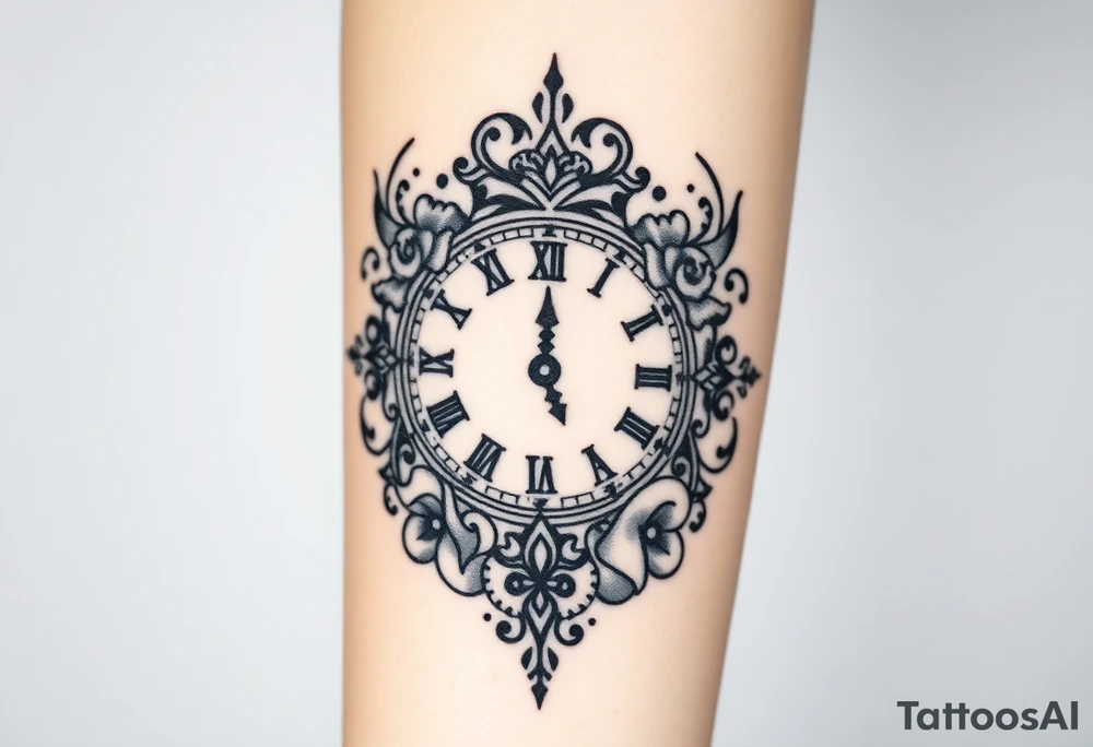 Roman clock with roses and a crown,  a quote that says nothings forever. and on the bottom a deck of cards tattoo idea