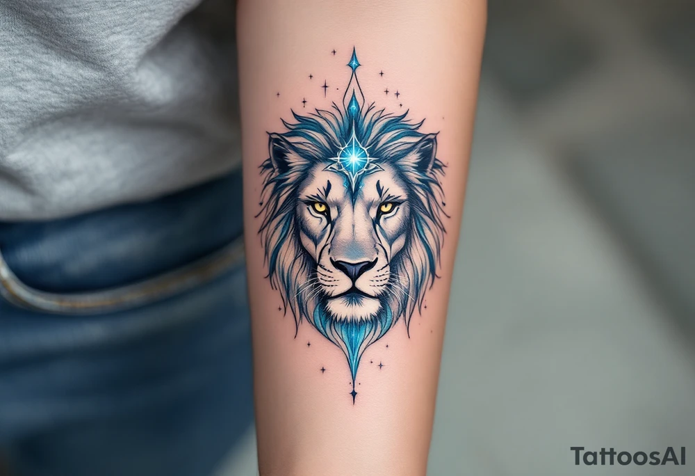 A celestial lion formed from stardust and soft gray shading lies beneath the Leo glyph, glowing in a wash of indigo and teal. tattoo idea