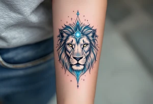 A celestial lion formed from stardust and soft gray shading lies beneath the Leo glyph, glowing in a wash of indigo and teal. tattoo idea