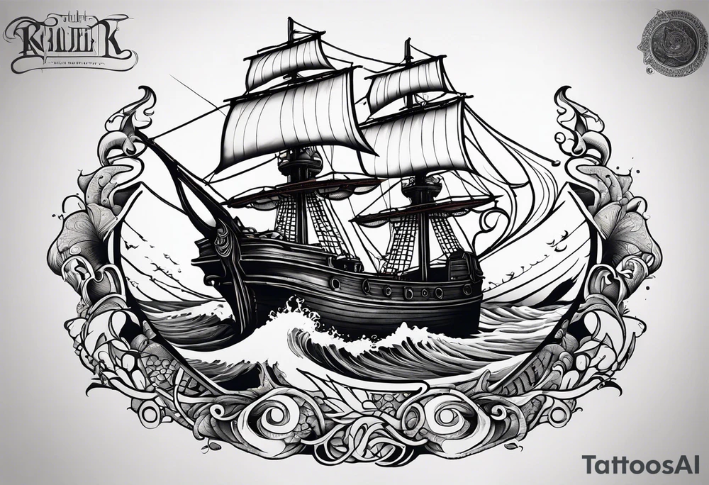 I apologize for that! Let's refine the approach to create a more authentic and detailed tattoo design. I'll focus on creating a design that better aligns with the artistic style and complexity of a full-sleeve tattoo.

Here's a new approach:

1. **Detailed Kraken and Boat**: Create a more realistic and intricate depiction of the Kraken and the boat.
2. **Tentacle and Skull**: Design the tentacles with a focus on wrapping around the arm and interacting with a detailed skull.
3. **Text Integration**: Integrate the text "Dead men" and "Tell no tales" in a style fitting the tattoo theme. tattoo idea