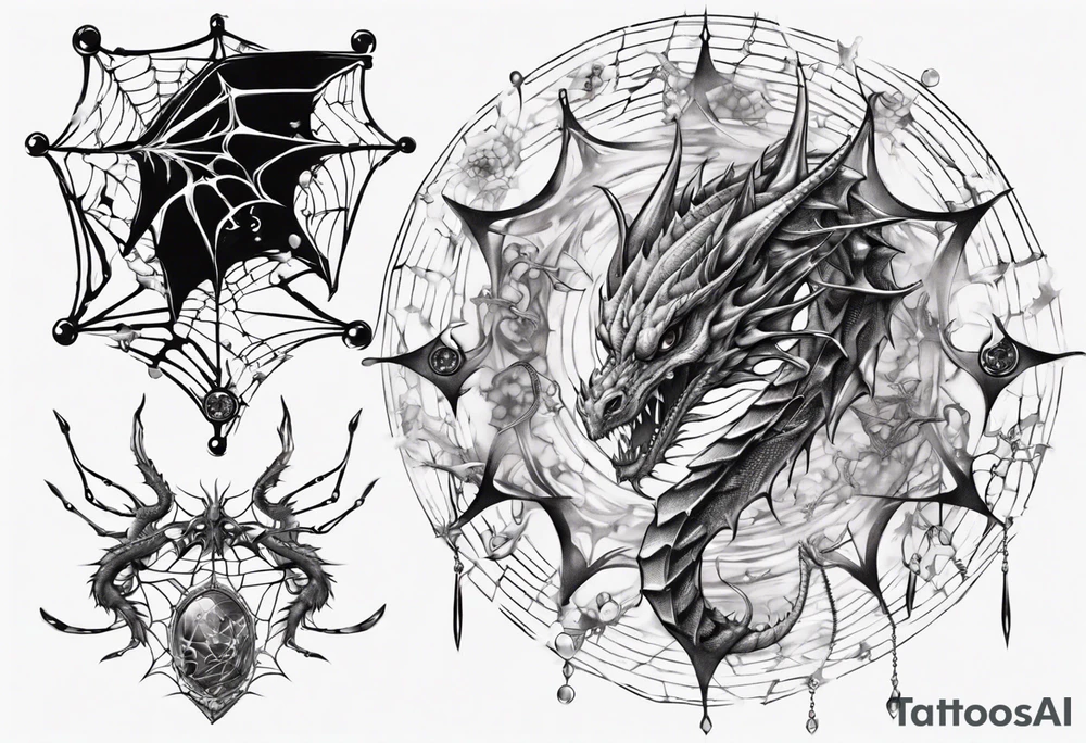 Dragon in a spiral spiderweb with jewels and shattered chalices and one spider tattoo idea
