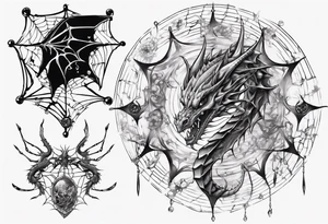 Dragon in a spiral spiderweb with jewels and shattered chalices and one spider tattoo idea