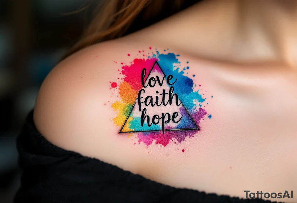 Words love faith hope arranged in a triangle, each corner marked with a watercolor splash—rose red, ocean blue, and golden yellow. tattoo idea