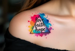Words love faith hope arranged in a triangle, each corner marked with a watercolor splash—rose red, ocean blue, and golden yellow. tattoo idea
