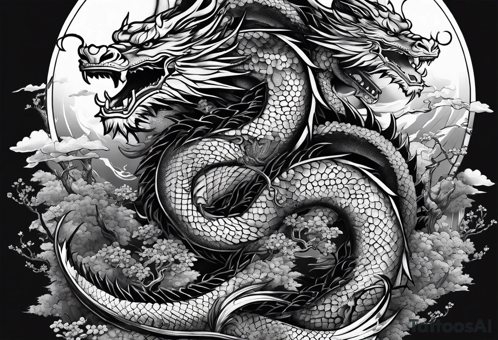 Dragón and samurai in zen circule, tori gate tattoo idea