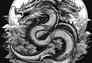 Dragón and samurai in zen circule, tori gate tattoo idea