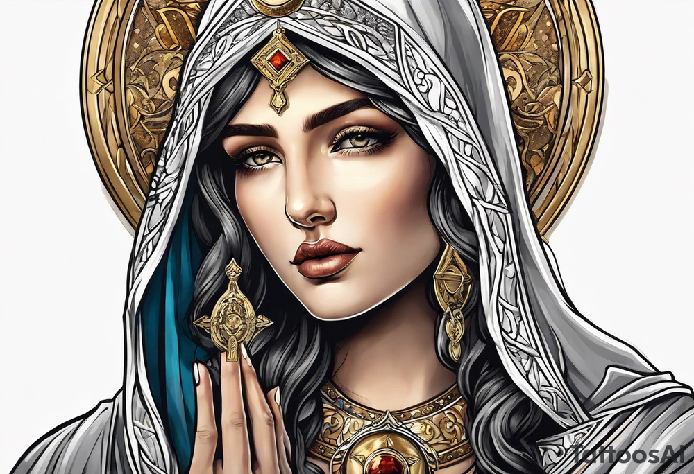 holy saint woman turned away with golden halo holding a chalice tattoo idea