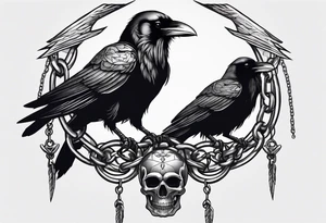 A raven with two skulls hanging from its talons by an old chain tattoo idea