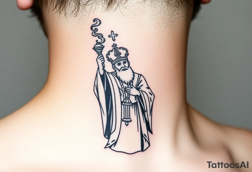 Russian Orthodox Priest in fully detailed vestment swinging a censer with smoke curling upward tattoo idea