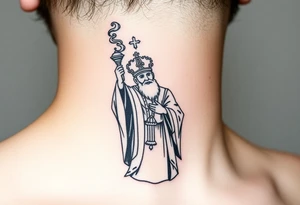 Russian Orthodox Priest in fully detailed vestment swinging a censer with smoke curling upward tattoo idea