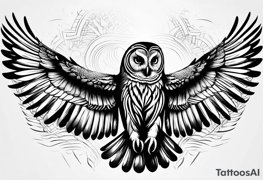 barred owl with wings fully extended looking straight on tattoo idea