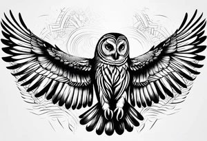 barred owl with wings fully extended looking straight on tattoo idea