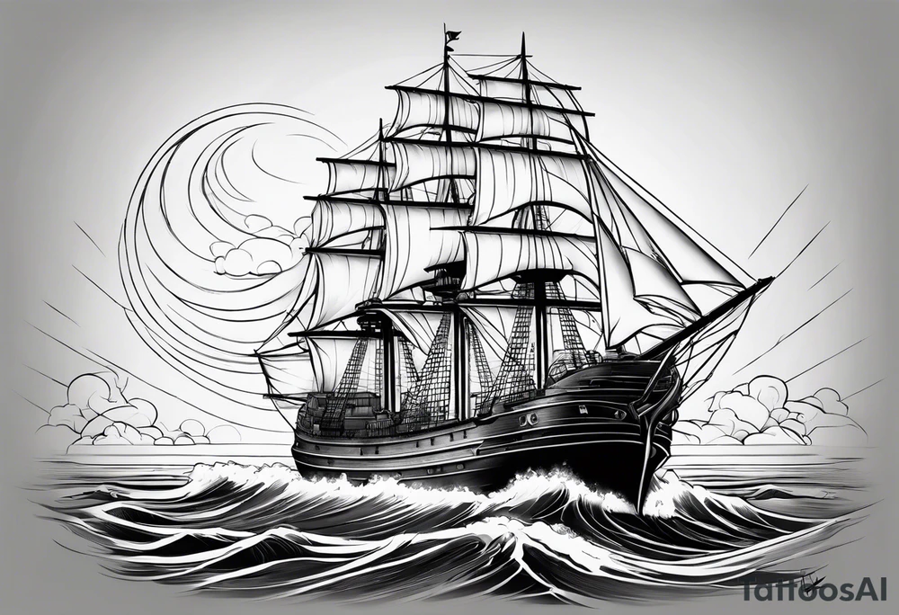 Large traditional ship facing right with calm water tattoo idea