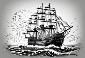 Large traditional ship facing right with calm water tattoo idea