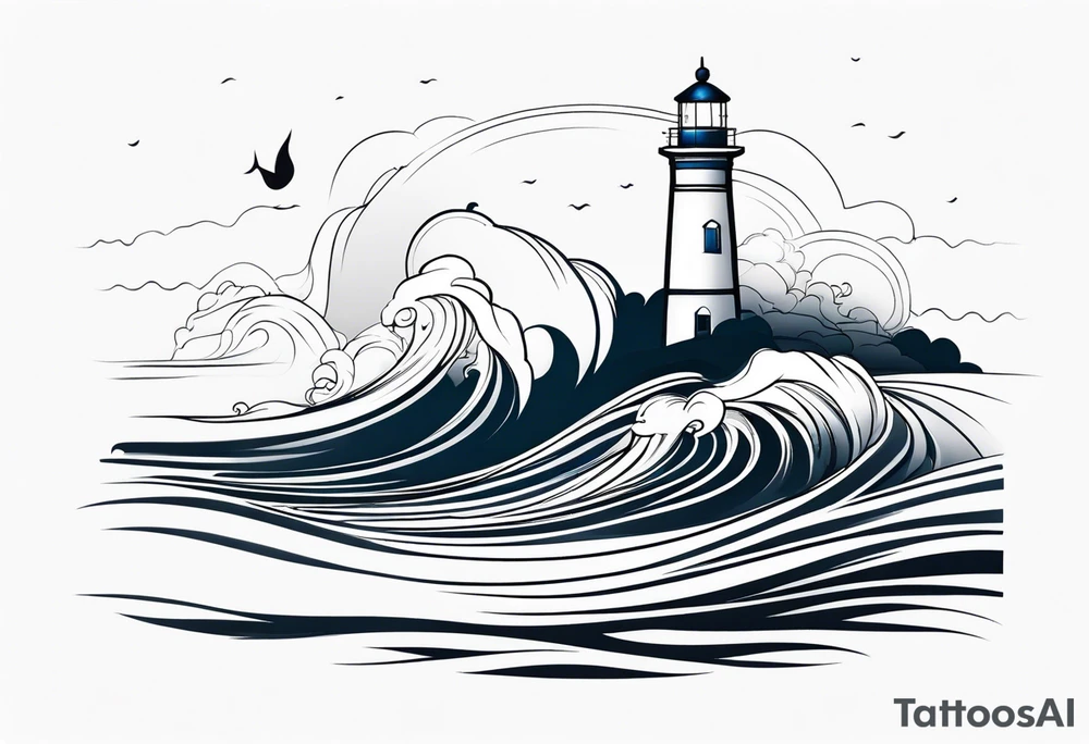 Lighthouse in draw with waves tattoo idea