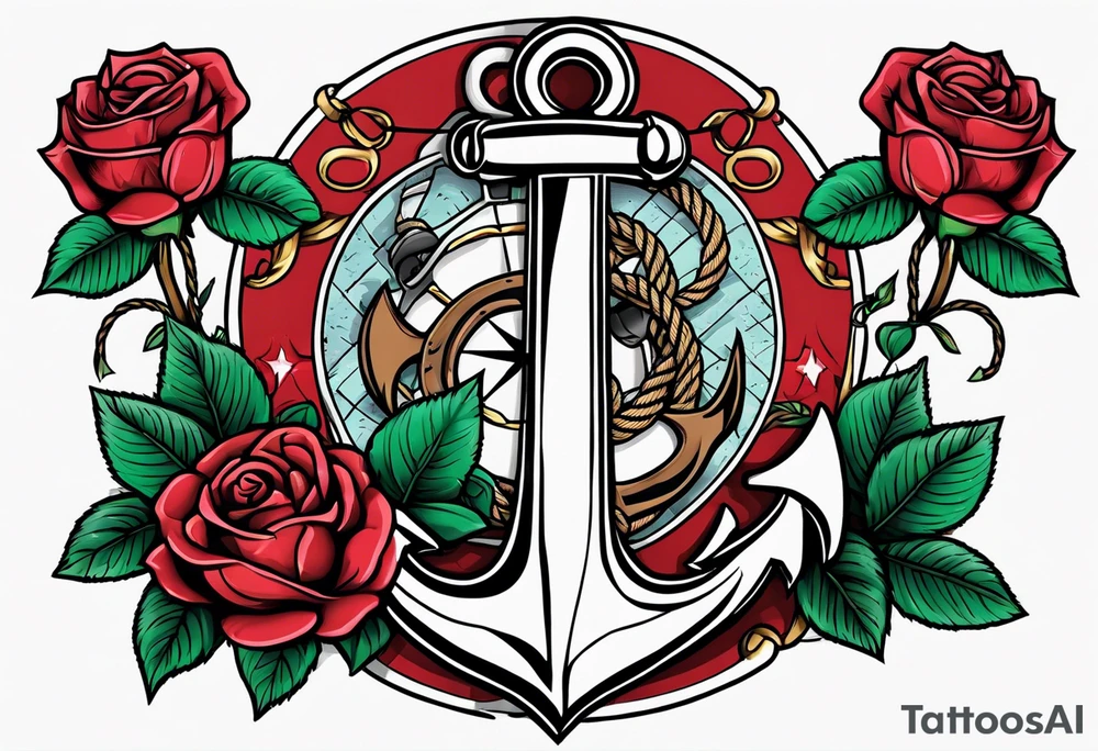 old school anchor with rope wrapped around anchor and banner across anchor and old school roses tattoo idea