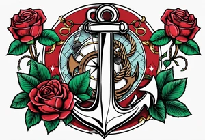 old school anchor with rope wrapped around anchor and banner across anchor and old school roses tattoo idea