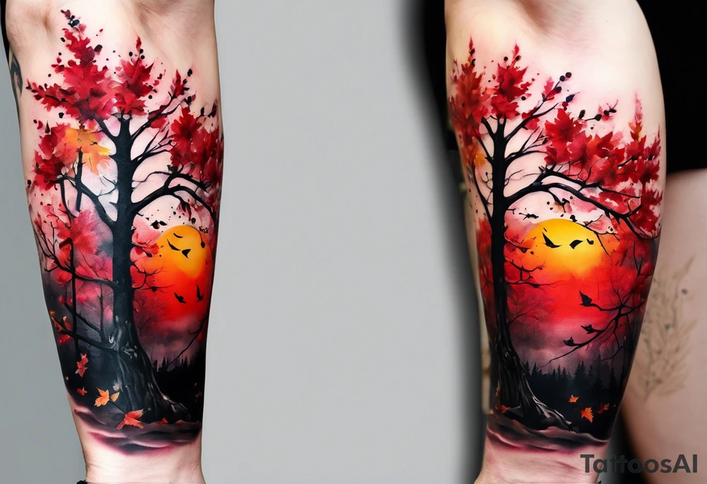trash polka style. Arm tattoo. chest tattoo. Long tattoo. large tattoo. Full sleeve. Shoulder. A single large maple tree with red autumn leaves that branches upwards from wrist to shoulder. White-throated dipper bird on the trees branches. Calluna flowers at the base of the trees stem. Red/yellow sunset behind the trees stem. Leaves falling. tattoo idea