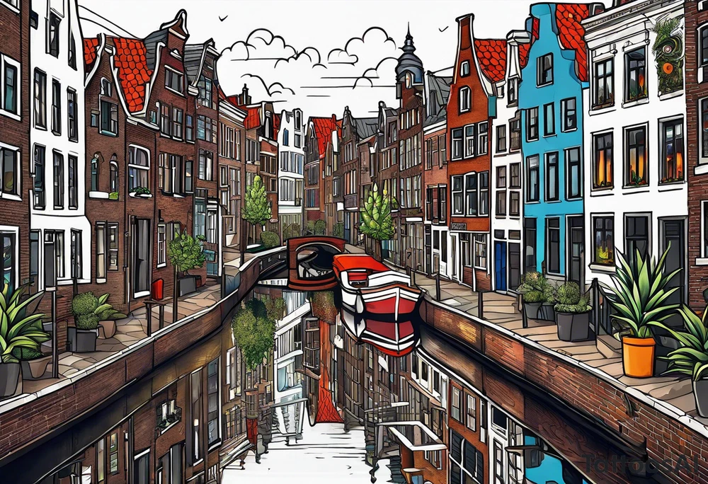 animals and pineapples feauturing Amsterdam houses and canal with marijuana tattoo idea