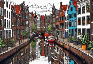 animals and pineapples feauturing Amsterdam houses and canal with marijuana tattoo idea