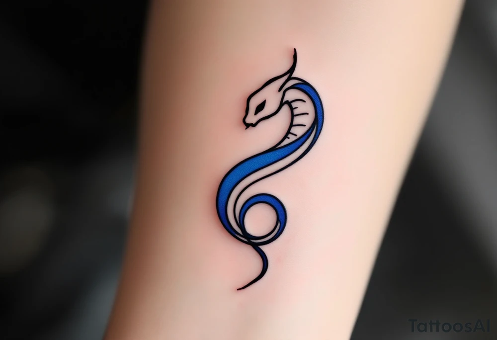 A minimalist twin snake design, one outlined in black and the other in electric blue, intertwined in a spiral and With word "Gemini" tattoo idea