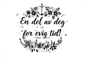 Quote in two rows; En del av deg for evig tid! Pappa, 20.12.24. Surround the quote with gladioluses, hearts, music notes and an anchor. Makes the tattoo small tattoo idea