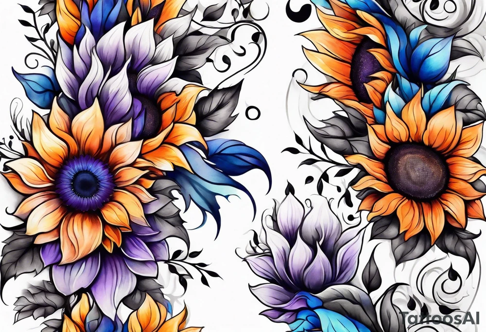 Full arm sleeve with purple, orange and blue sunflowers tattoo idea